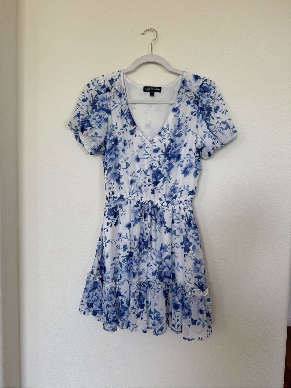Crystal Doll White and Blue Floral V‑Neck Short Sleeve Blouse